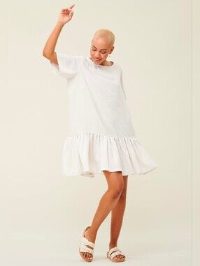 NWT Emma Knudsen Lauren Dress Oversized Babydoll Ruffled Cream Blush Pink Sz L